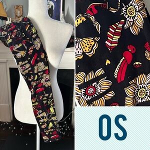 LulaRoe LLR one size leggings • feathers + flowers • black w/fall colors • NWOT